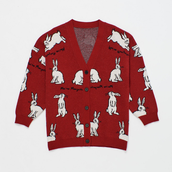 Intarsia Rabbit Knit Cardigan Red