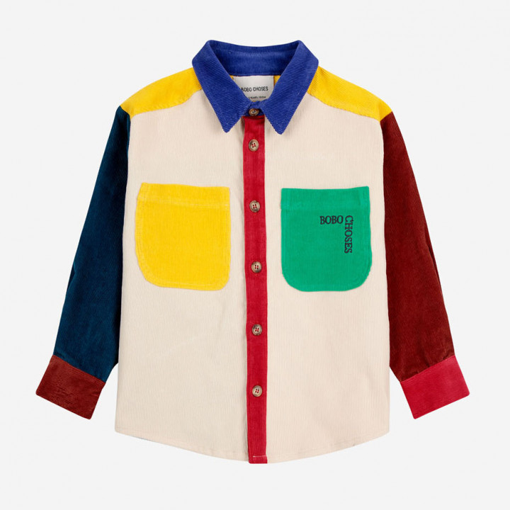 Bobo Square Embroidery Color Block Corduroy Shirt