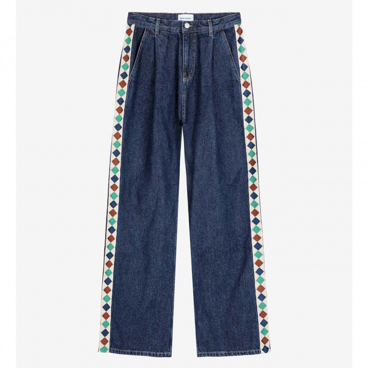Embroidered Denim Pleated Jeans