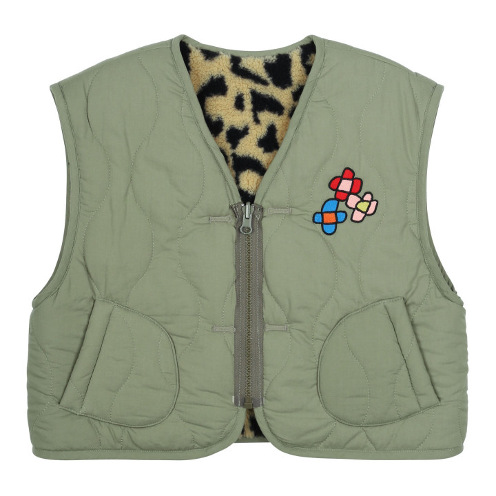 Flower Quilted Reversible Vest Khaki