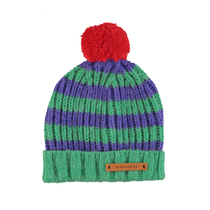 Knitted Hat Pompon Green & Purple Stripes