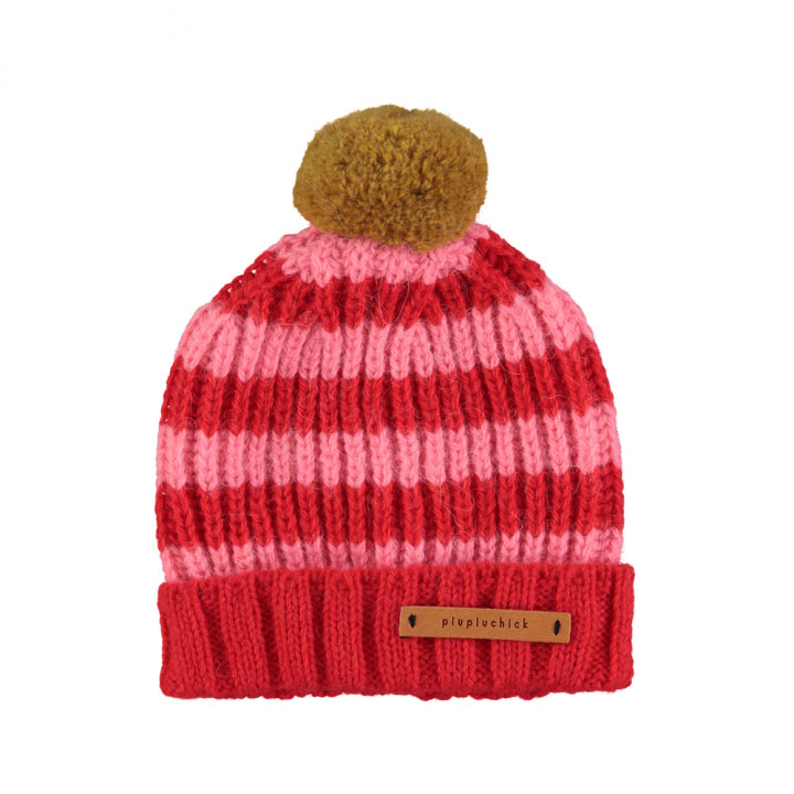 Knitted Hat Pompon Red & Pink Stripes