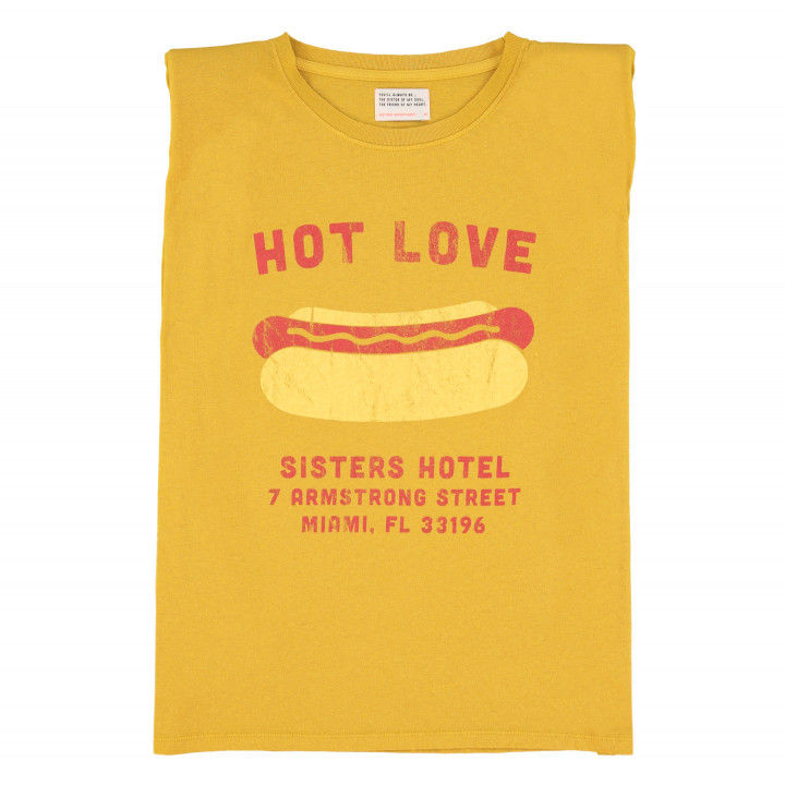 Sleeveless T-Shirt Shoulder Pads Mustard "Hot Dog" print