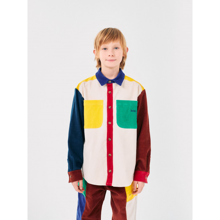 Bobo Square Embroidery Color Block Corduroy Shirt